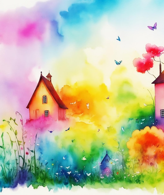 paraíso borboleta flores mistério palácio chalé arco-íris fofo pintura em papel HD imagem aquarela