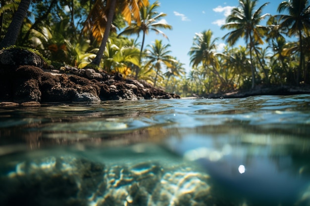 Foto paraíso encontrado playa tropical palmeras borrosas bokeh iluminado por el sol brillando en el agua