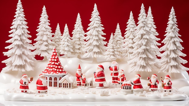 Paraíso Festivo de Natal de Papai Noel Com Árvores da Casa do Papai Noel e Neve em Vermelho