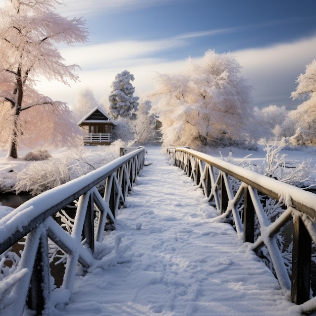 Un paraíso invernal La nieve cubre una pintoresca escena de un puente de madera