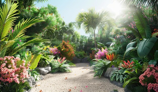 Un paraíso de jardín tropical con exuberante vegetación y flores vibrantes