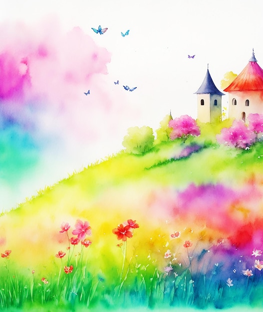 paraíso mariposa flores misterio palacio cabaña arco iris pintura esponjosa en papel imagen de acuarela HD