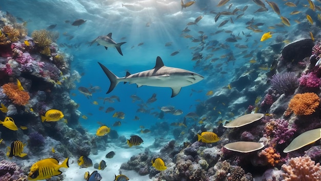 paraíso subaquático fundo recife de corais vida selvagem colagem de natureza com tubarão