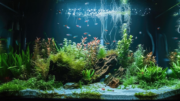 un paraíso submarino mientras las plantas verdes y la grava se unen creando una cautivadora escena de acuario