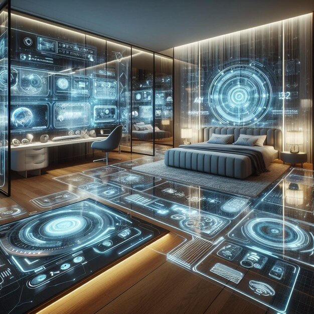Paraíso tecnológico imersivo quarto futurista com displays holográficos superfícies inteligentes e VR