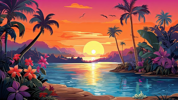 Paraíso Tropical Arte Realista Fuga Tranquila Paisagem Ensolarada da Tarde