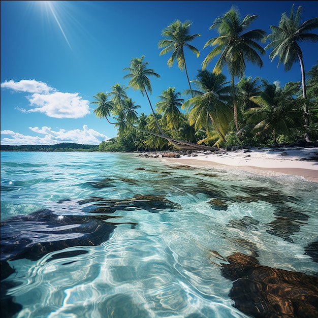 Paraíso tropical com palmeiras exuberantes em uma ilha de areia com mar azul-turquesa