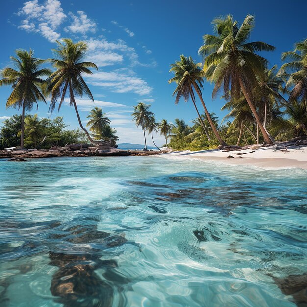Paraíso tropical com palmeiras exuberantes em uma ilha de areia com mar azul-turquesa