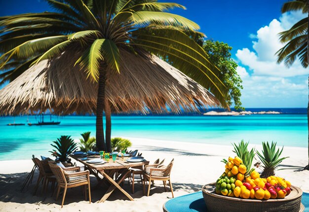 Foto un paraíso tropical se despliega con una sombrilla de playa y aguas acogedoras con frutas frescas