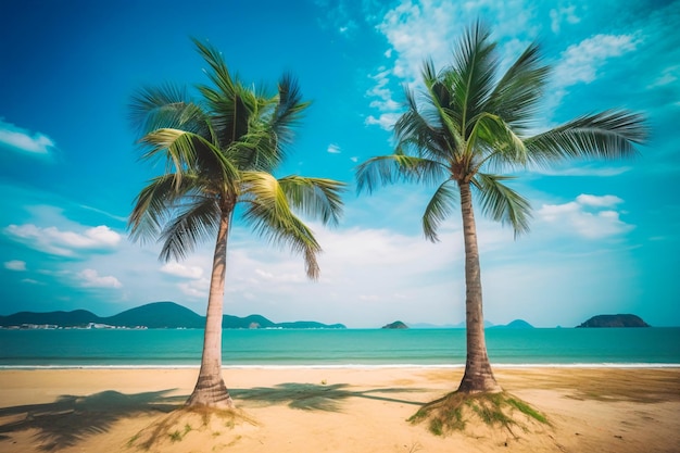 Paraíso tropical Dos palmeras de pie junto a una playa soleada