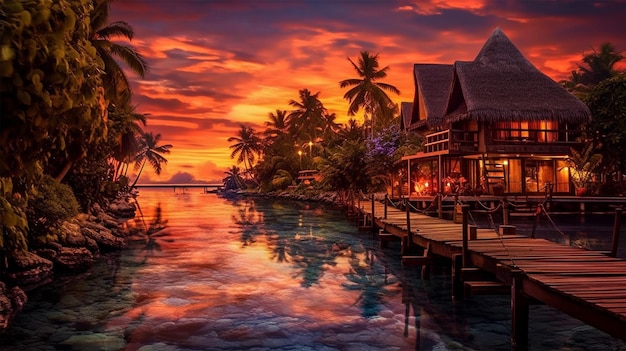 Paraíso tropical exótico bela vila costeira à noite com pôr do sol dourado Generative Ai