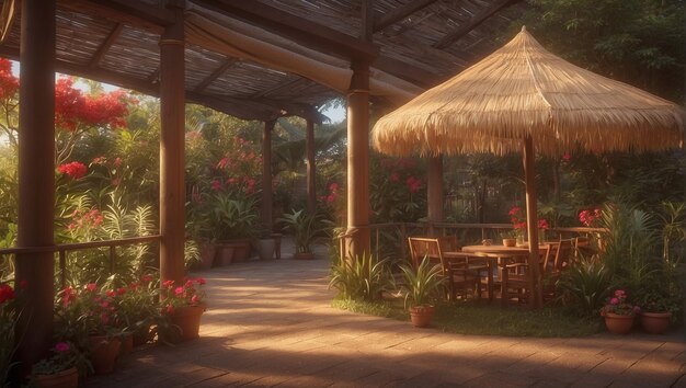 un paraíso tropical con flores rojas en macetas bajo un dosel de mimbre mesa y sillas bajo un paraguas