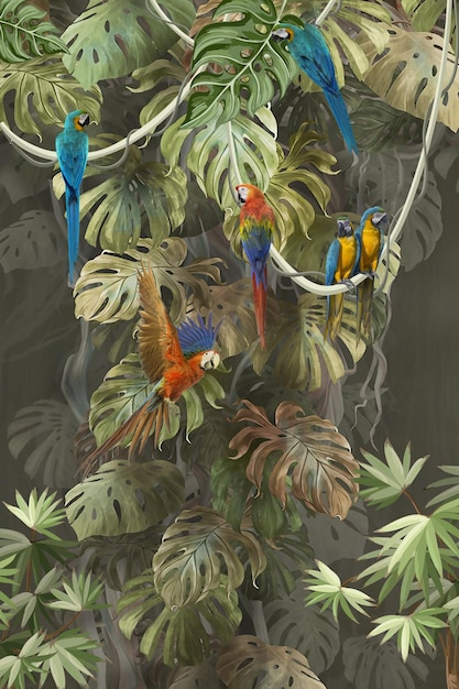 El paraíso tropical Una ilustración en acuarela de loros de colores en un entorno de selva exuberante