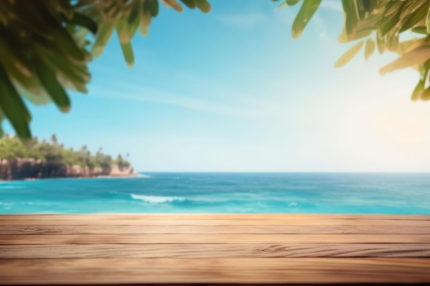 Paraíso tropical con palmeras, océano y arena visto desde una mesa de madera en una terraza frente al mar IA generativa