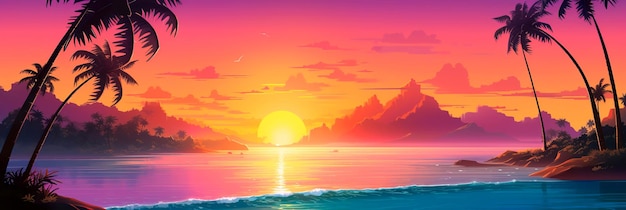 paraíso tropical con un telón de fondo de gradiente con los colores vibrantes de una playa al atardecer IA generativa