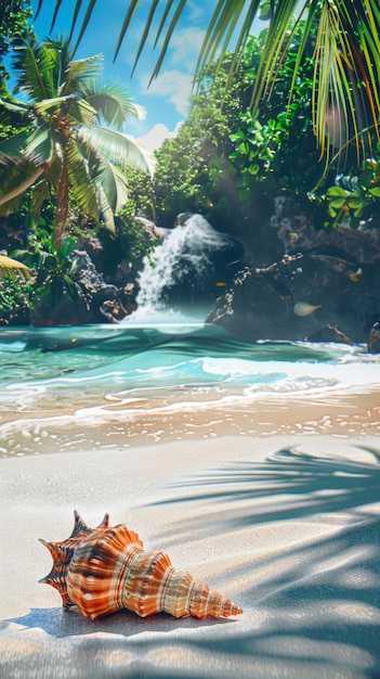 Foto paraíso turístico em ilhas tropicais cena com bela praia de mar montanhas verdes e concha na areia tema de papel de parede viagens férias resort concha natureza