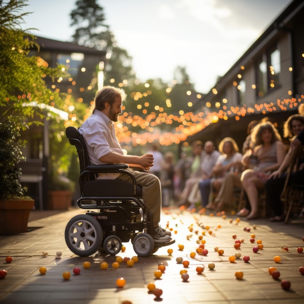 Foto paralítico en una celebración con la familia disfrutando jugando y pasando un buen rato de fiesta persona discapacitada fiesta discapacitados discapacitados ia generativa
