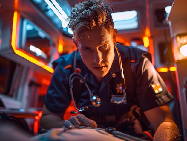 Foto paramedico a tratar um paciente numa ambulância