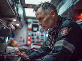 Foto paramedico examinando la presión de la sangre del paciente