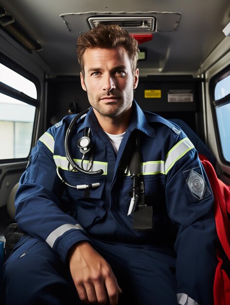 Foto paramédico masculino dedicado en servicio generado por la ia