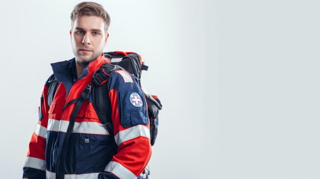 Paramédico con un uniforme paramédico con equipo médico aislado sobre un fondo blanco