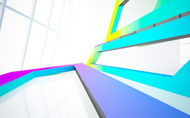 Parametrisches Interieur mit abstrakten weißen und farbigen Verlaufsgläsern mit 3D-Darstellung des Fensters