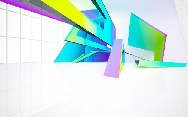 Parametrisches Interieur mit abstrakten weißen und farbigen Verlaufsgläsern mit 3D-Darstellung des Fensters