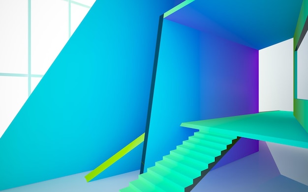 Parametrisches Interieur mit abstrakten weißen und farbigen Verlaufsgläsern mit 3D-Darstellung des Fensters