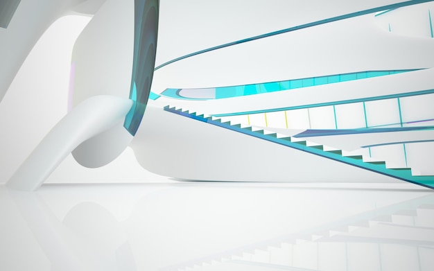 Parametrisches Interieur mit abstrakten weißen und farbigen Verlaufsgläsern mit 3D-Darstellung des Fensters