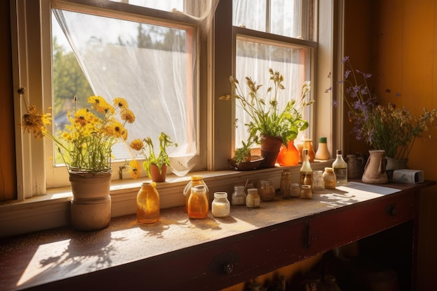 Parapeito de janela coberto de pólen em quarto iluminado pelo sol criado com IA generativa