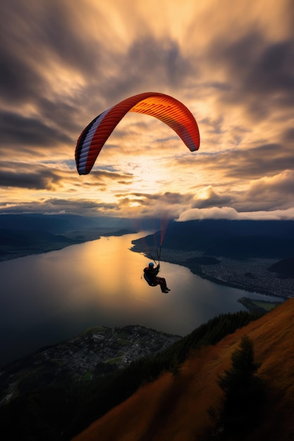 Parapente a flutuar sobre a paisagem rural ao pôr-do-sol criado usando tecnologia de IA generativa