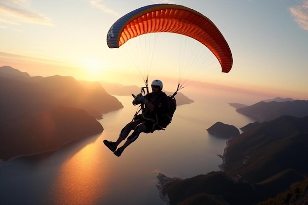 parapente en el cielo parapente volando sobre el mar con montañas al atardecer vista aérea de