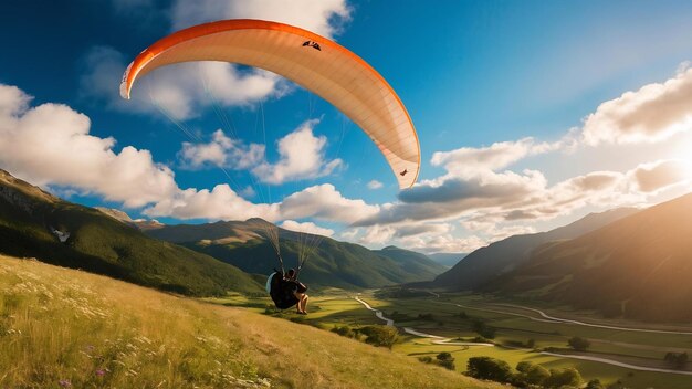 Foto el parapente naranja vuela sobre un valle de montaña en un soleado día de verano