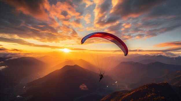 Foto parapente no pôr-do-sol