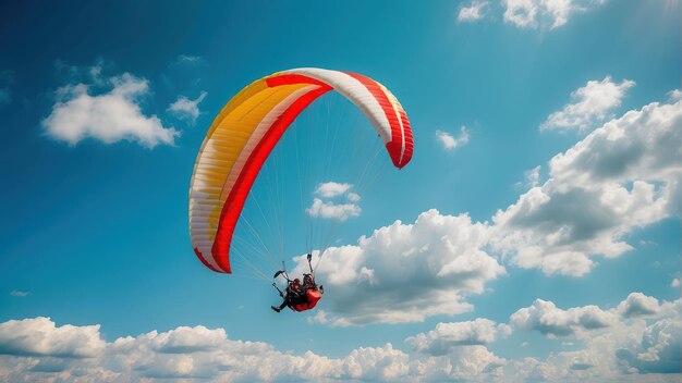 Parapente en solitario volando en un cielo nublado