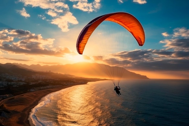 Parapente voa sobre a praia luz bonita