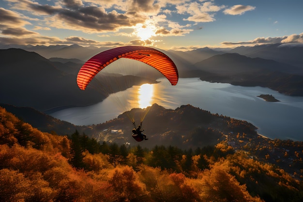 Parapente voando sobre o lago ao pôr do sol nas montanhas