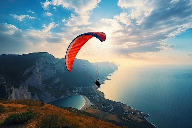 Foto parapenteando en el cielo en la belleza de la naturaleza de la montaña