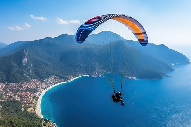 Parapenteando en el cielo volando sobre el mar con agua azul y montañas