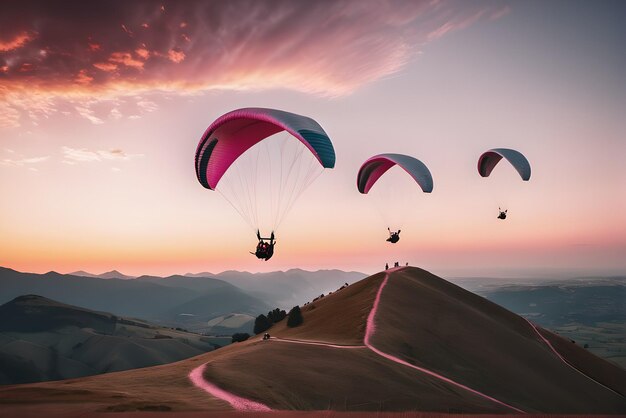 Foto parapentes sobrevoam o topo da montanha sob a épica luz rosa do pôr do sol