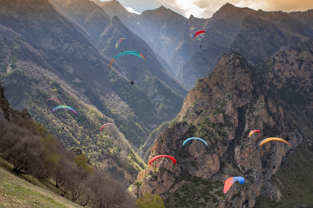 parapentes voam entre as montanhas