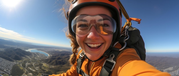 Paraquedista feliz tirando selfie no conceito de esporte radical no ar