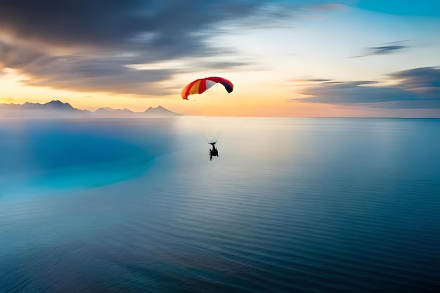 Foto un parasail está volando sobre el océano y el cielo es azul y naranja.