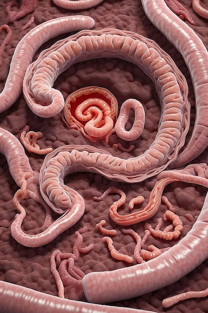 Parasitas de vermes redondos no intestino humano ascariose doenças do sistema digestivo humano renderização 3d