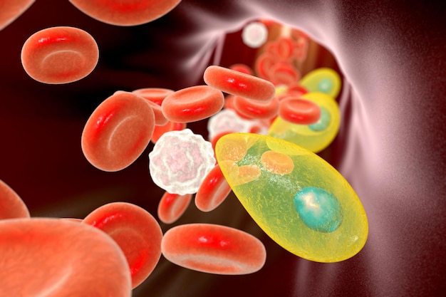 Foto los parásitos de toxoplasma gondii en la sangre el agente causante de la enfermedad de toxoplasmosis ilustración 3d