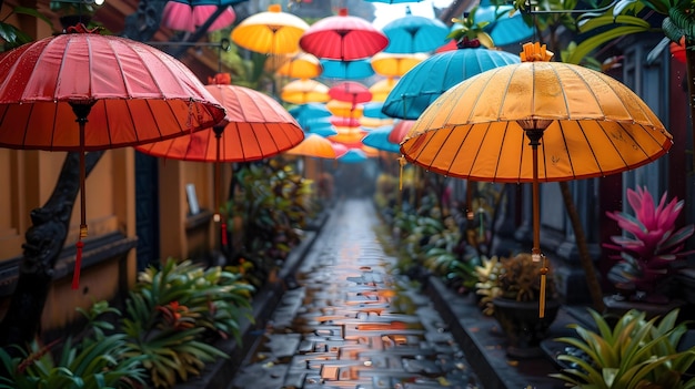 Parasoles vibrantes adornan un callejón en el corazón del tapiz cultural de Bali