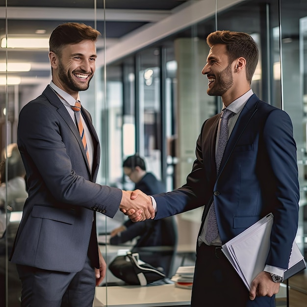 Parceiros de negócios com roupa formal sorrindo e apertando as mãos em reunião de escritório