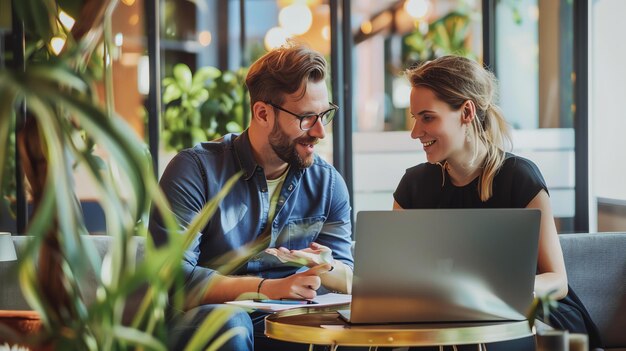 Parceiros de negócios confiantes discutindo ideias e usando laptop enquanto estão sentados no sofá do escritório