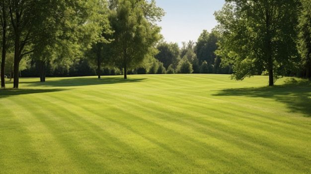 parcelas de terreno de campo de golfe com um gramado recém-cortado contra um pano de fundo de uma paisagem arborizada