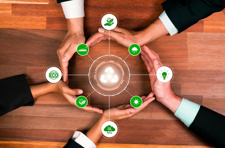 Foto parceria de negócios forma mão circular juntos em torno do ícone de reciclagem simboliza esg ambiente sustentável e proteção do ecossistema com tecnologia de reciclagem ecológica e redução de resíduos reliance